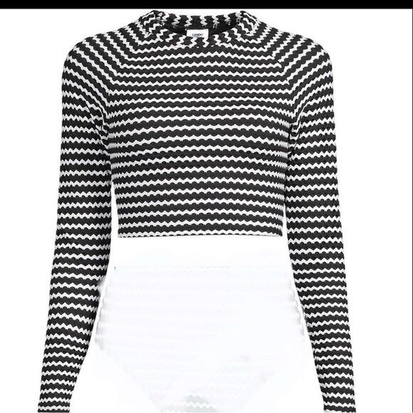Land's End Plus Size Crochet long sleeve bikini top built-in bra black white 2X